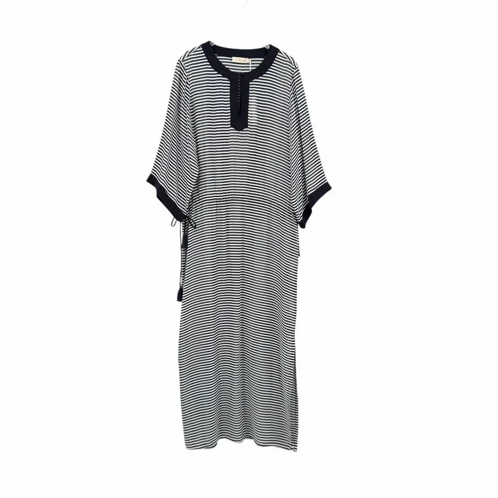 Tory Burch NWT Clemente Navy White Stripe 100% Silk Sheer Long Caftan Coverup
